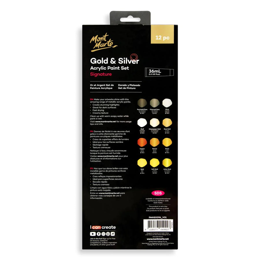 Mont Marte - Gold and Silver Acrylic Paint Set Signature 12(36ml)