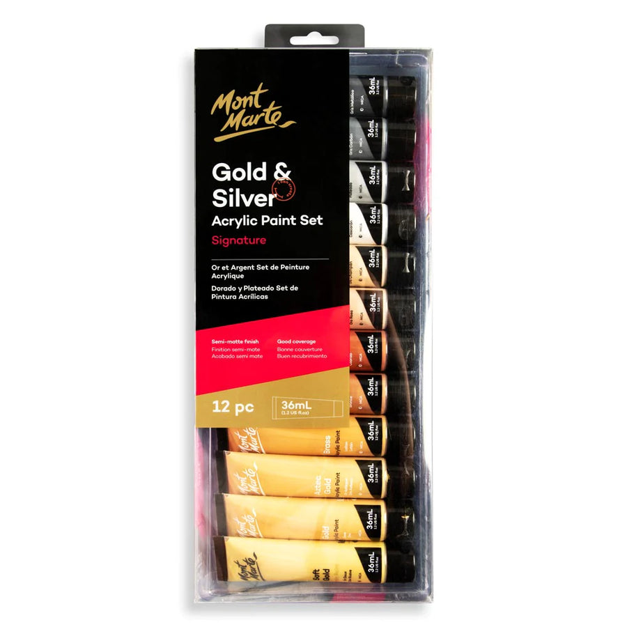 Mont Marte - Gold and Silver Acrylic Paint Set Signature 12(36ml)