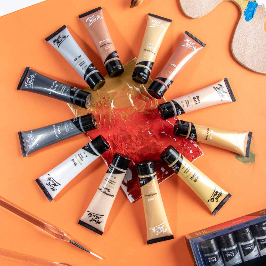 Mont Marte - Gold and Silver Acrylic Paint Set Signature 12(36ml)