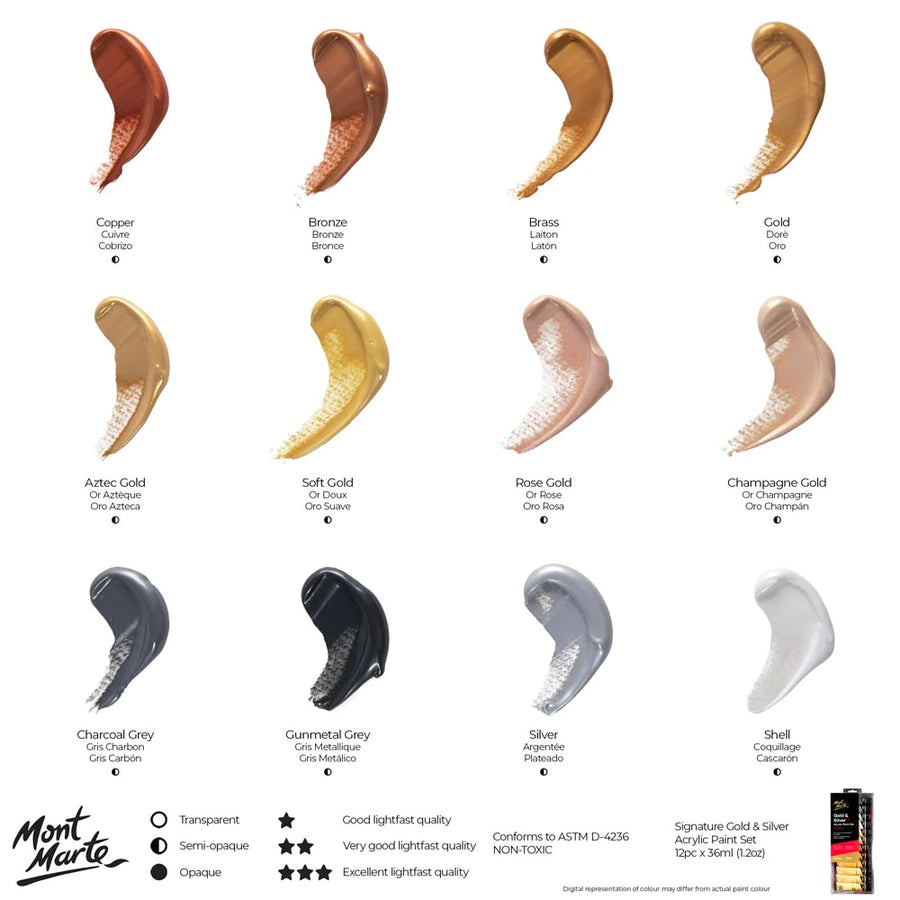 Mont Marte - Gold and Silver Acrylic Paint Set Signature 12(36ml)