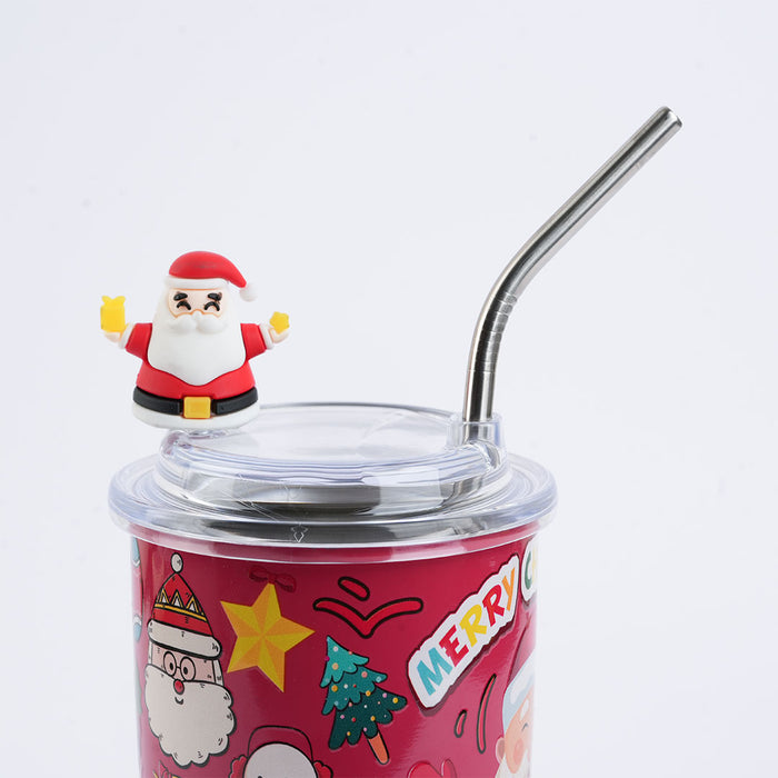 Christmas-Themed Vacuum Insulated Travel Tumbler with Santa Lid & Stainless Steel Straw