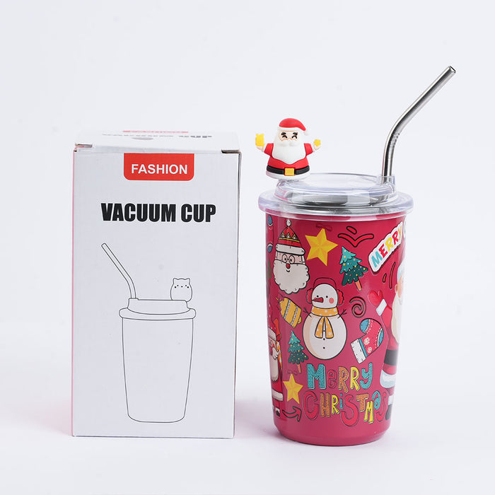 Christmas-Themed Vacuum Insulated Travel Tumbler with Santa Lid & Stainless Steel Straw