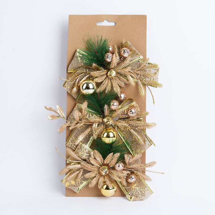 Christmas Decorative Bow – Gold & Green Festive Ornament - 3pc