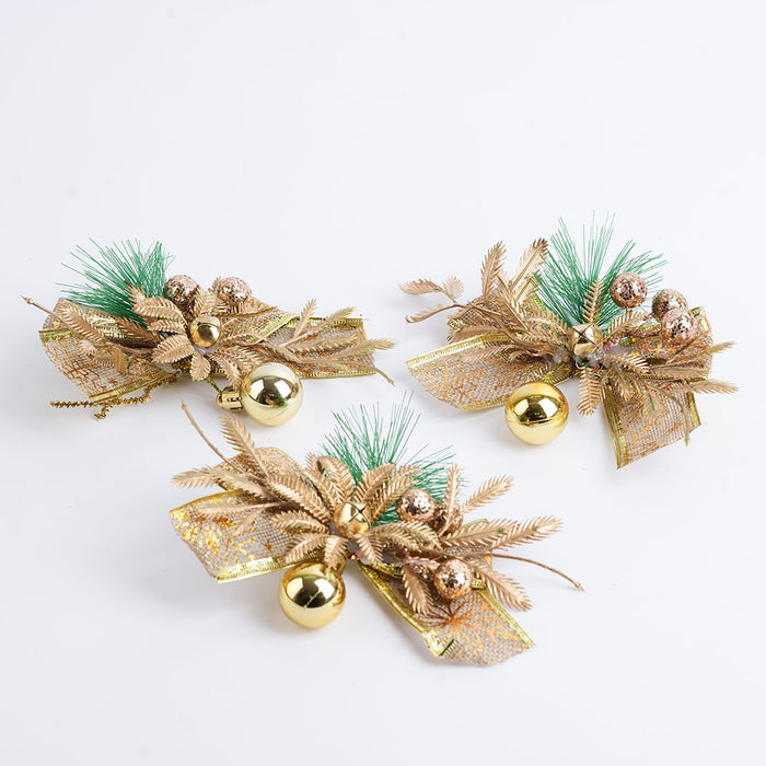 Christmas Decorative Bow – Gold & Green Festive Ornament - 3pc