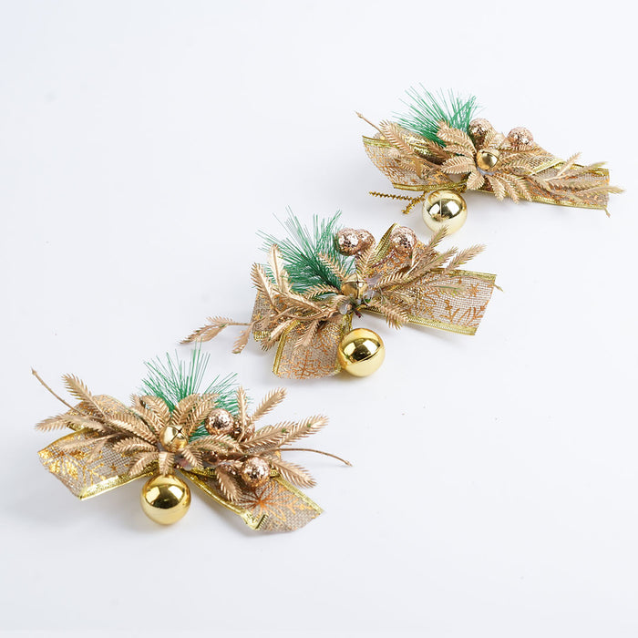 Christmas Decorative Bow – Gold & Green Festive Ornament - 3pc