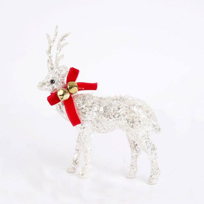 Silver Glitter Reindeer Christmas Showpiece with Red Bow