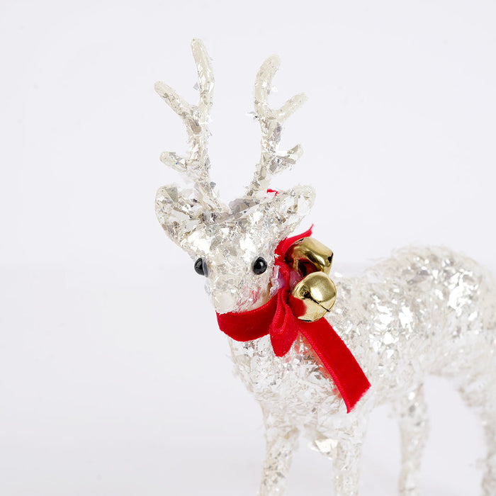 Silver Glitter Reindeer Christmas Showpiece with Red Bow