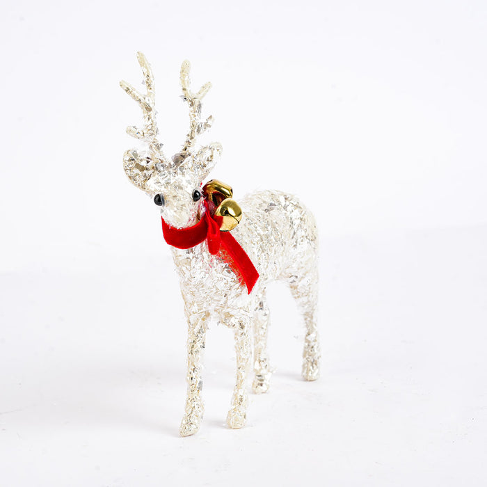 Silver Glitter Reindeer Christmas Showpiece with Red Bow