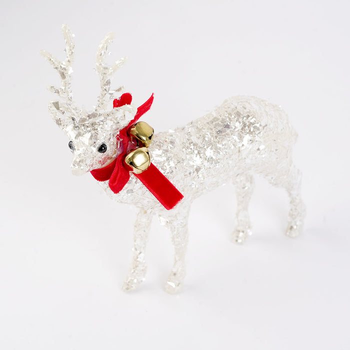 Silver Glitter Reindeer Christmas Showpiece with Red Bow