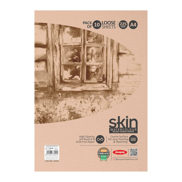 Anupam - Skin Watercolour Beige Toned Paper Pack of 10 Loose Sheets A4/225GSM