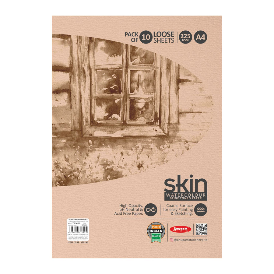 Anupam - Skin Watercolour Beige Toned Paper Pack of 10 Loose Sheets A4/225GSM