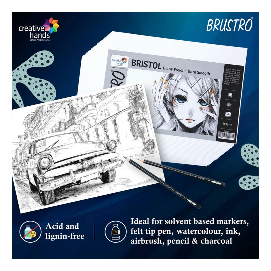 Brustro Ultra Smooth Bristol Sheets – A3 Size, 250 GSM (Pack of 12 Sheets)