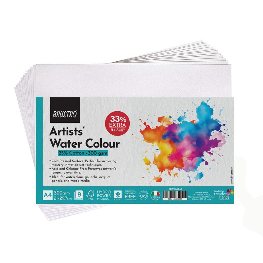 Brustro Artists' Watercolor Paper Pad – A4 Size, 300 GSM, 9 Sheets, 25% Cotton