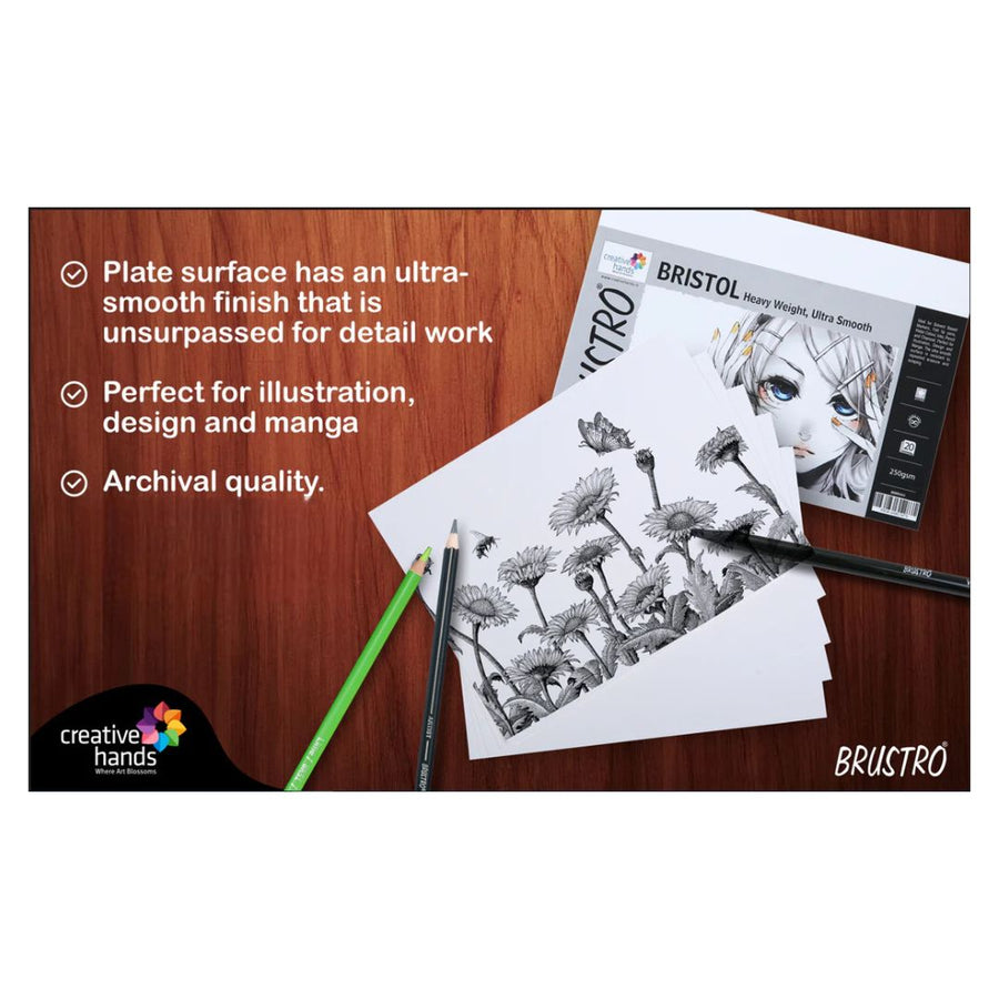 Brustro Ultra Smooth Bristol Paper – A4 | 250 GSM | 20 + 4 Free Sheets