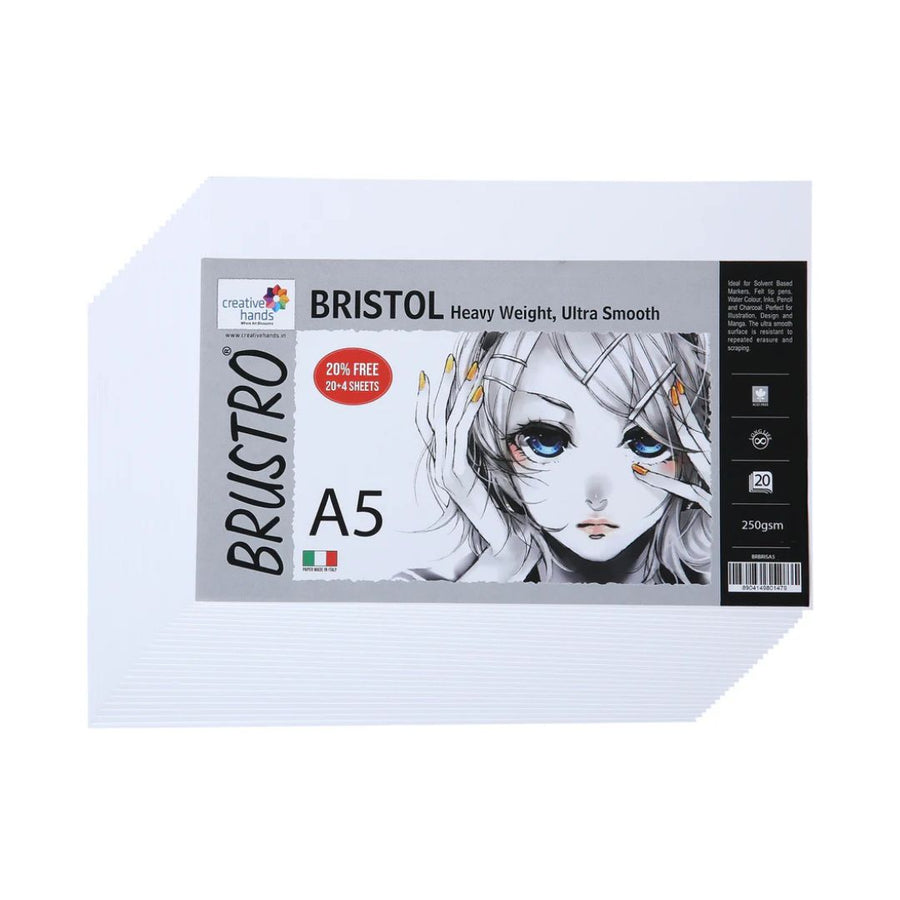 Brustro Ultra Smooth Bristol Paper – A4 | 250 GSM | 20 + 4 Free Sheets