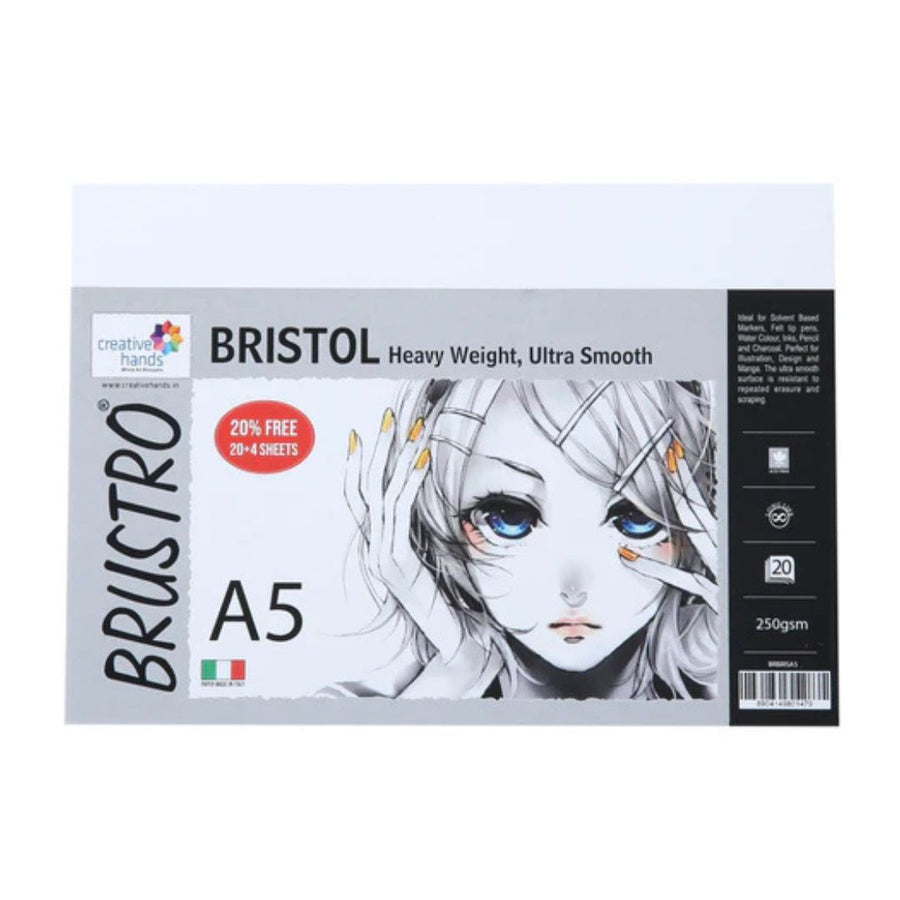 Brustro Ultra Smooth Bristol Sheets, A5 Size, 250 GSM Pack of 20 + 4 Free Sheets