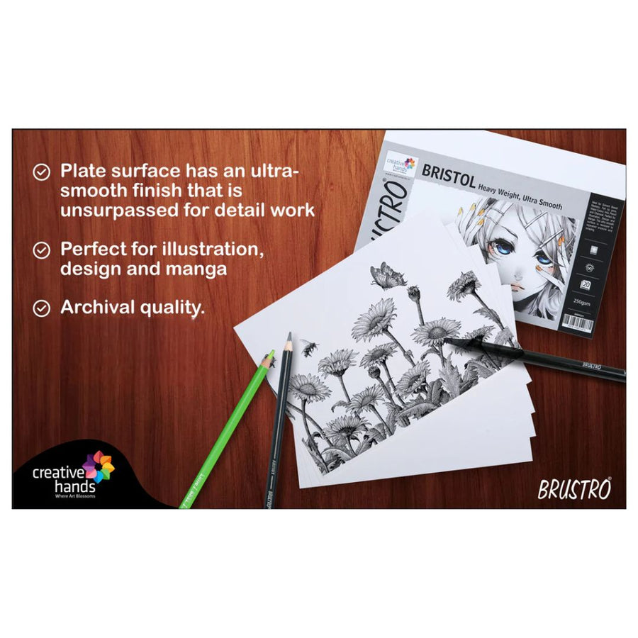 Brustro Ultra Smooth Bristol Sheets, A5 Size, 250 GSM Pack of 20 + 4 Free Sheets