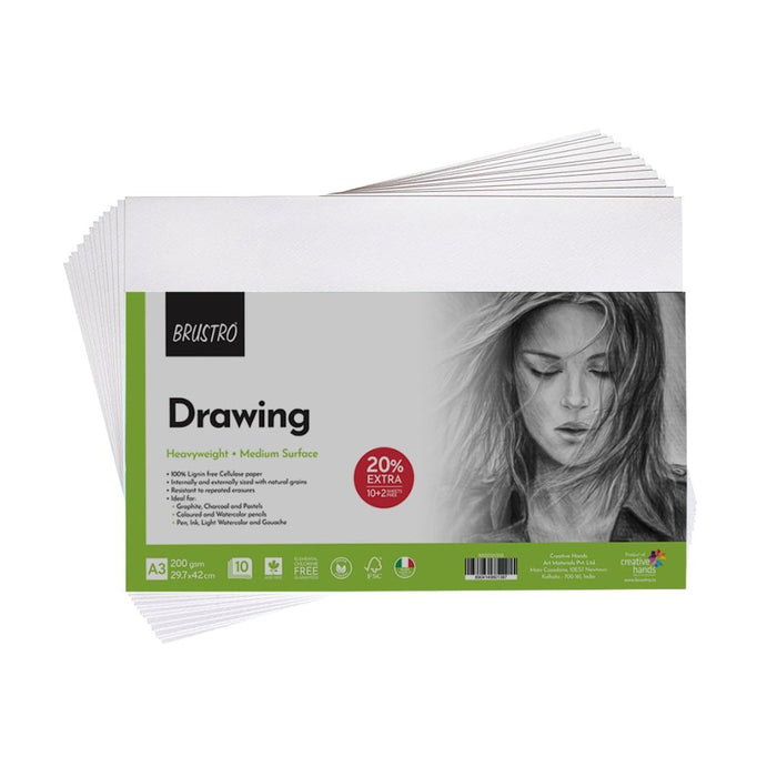 BRUSTRO Drawing Paper Pad – A3 | 200 GSM | Medium Surface | 12 Sheets (10 + 2 Free)