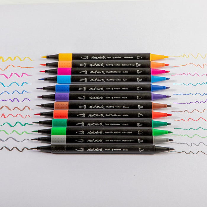 Mont Marte Dual Tip Markers Brush & Bullet – Premium 12 Colour Set