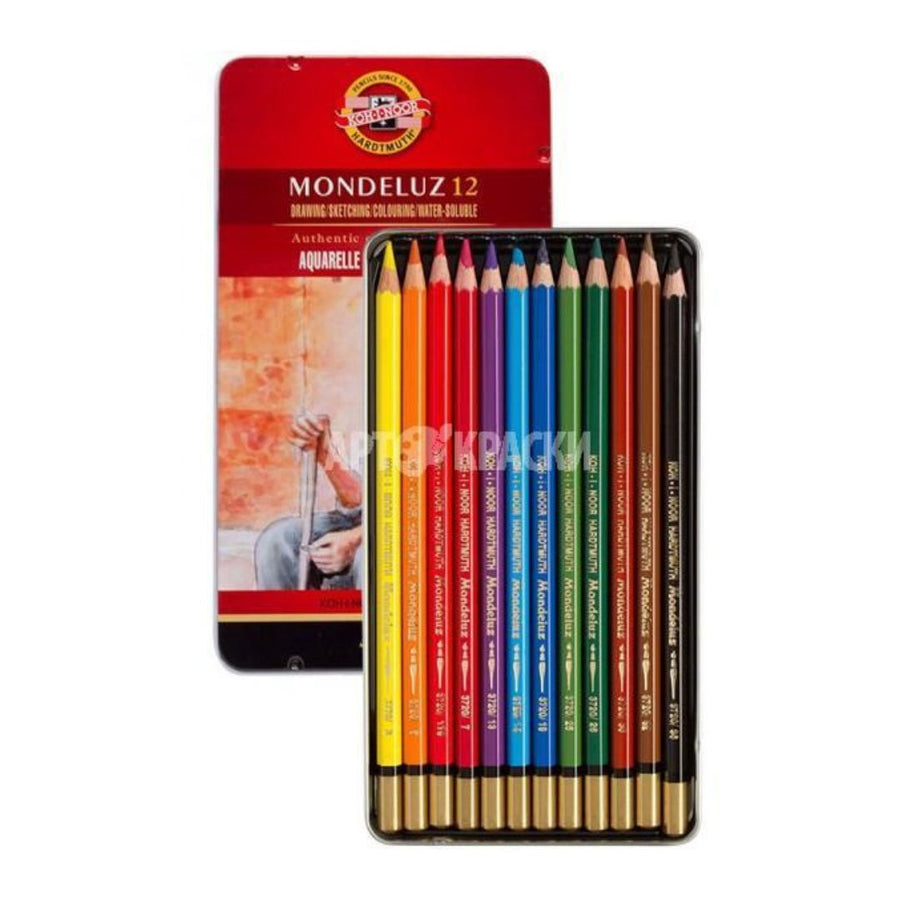 KOH-I-NOOR MONDELUZ ARTIST'S WATER SOLUBLE COLOURED PENCILS - ASSORTED - SET OF 12 IN TIN BOX