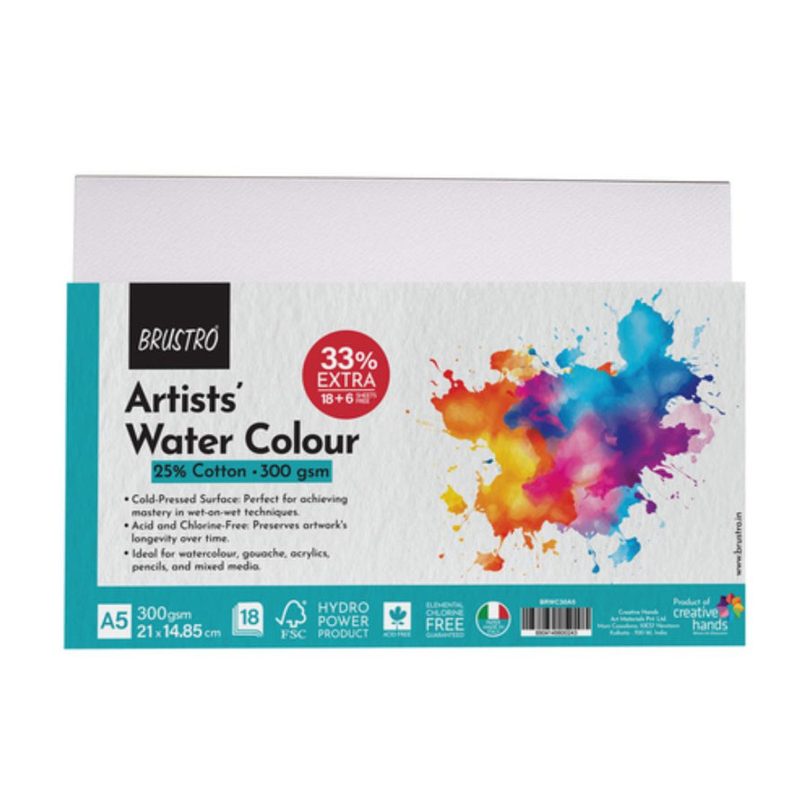 Brustro Artists' Watercolor Paper Pad – A5 Size, 300 GSM, 18 Sheets, 25% Cotton