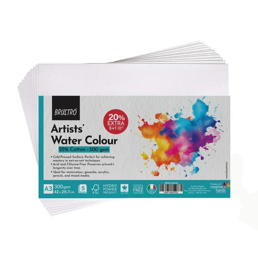 Brustro Artists’ Watercolour Paper – A3, 300 GSM, 25% Cotton, Cold Pressed (Pack of 6 Sheets)