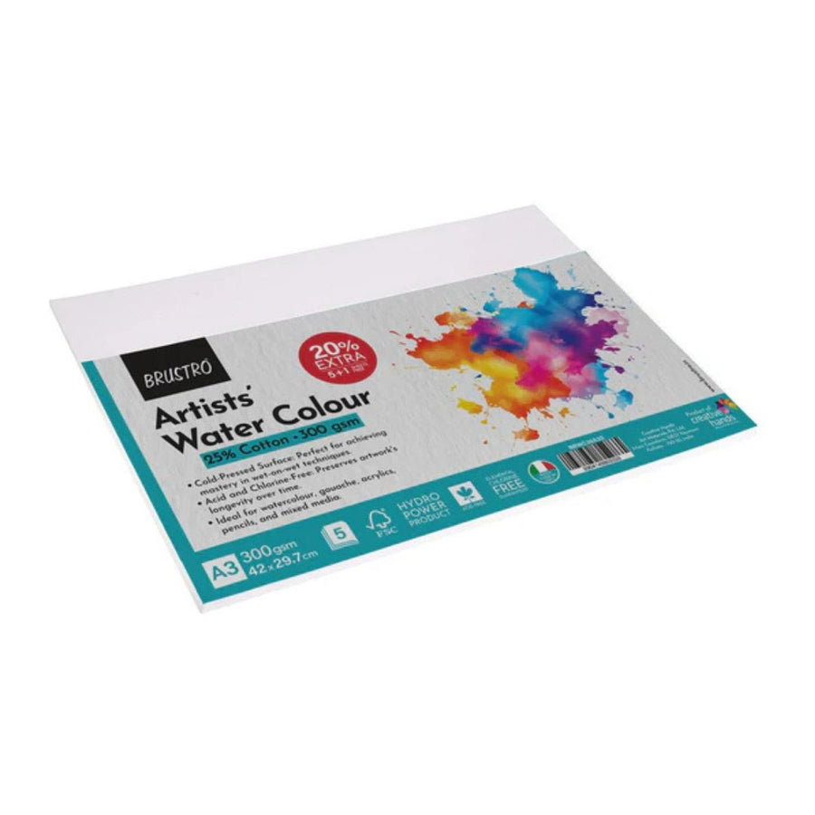 Brustro Artists’ Watercolour Paper – A3, 300 GSM, 25% Cotton, Cold Pressed (Pack of 6 Sheets)