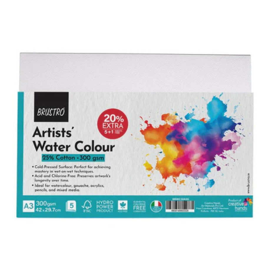 Brustro Artists’ Watercolour Paper – A3, 300 GSM, 25% Cotton, Cold Pressed (Pack of 6 Sheets)