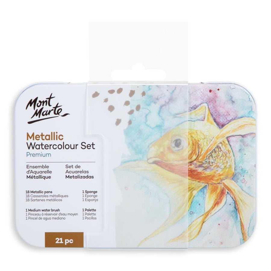 Mont Marte Premium Metallic Watercolour Cake Set in Tin – 21 Pieces