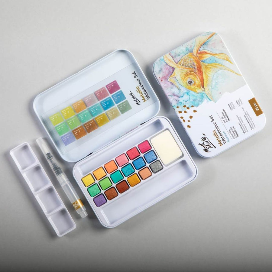 Mont Marte Premium Metallic Watercolour Cake Set in Tin – 21 Pieces