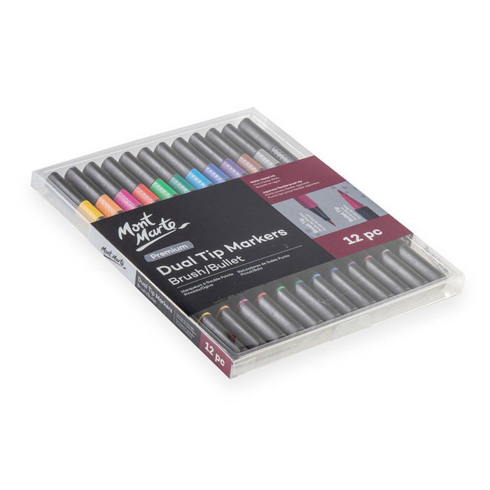 Mont Marte Dual Tip Markers Brush & Bullet – Premium 12 Colour Set