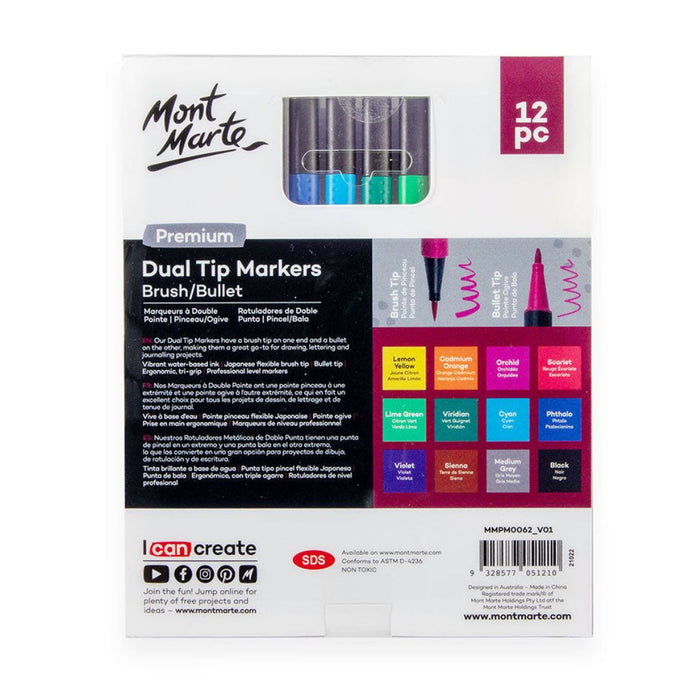 Mont Marte Dual Tip Markers Brush & Bullet – Premium 12 Colour Set