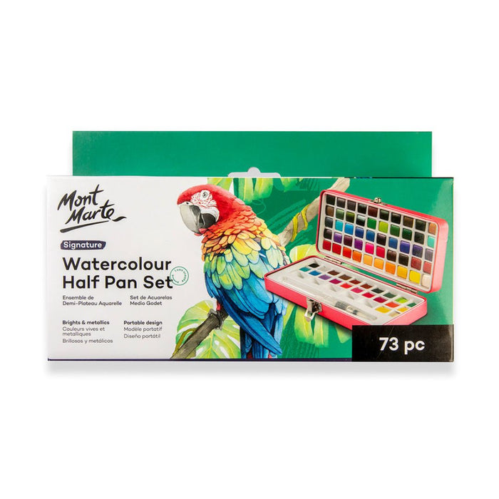 Mont Marte Watercolour Half Pan Set Signature – 73 Colours with Brush & Tin Case