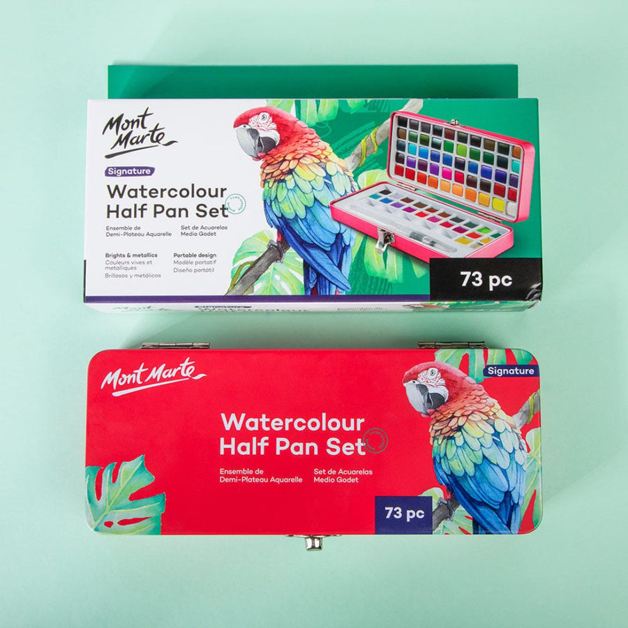 Mont Marte Watercolour Half Pan Set Signature – 73 Colours with Brush & Tin Case