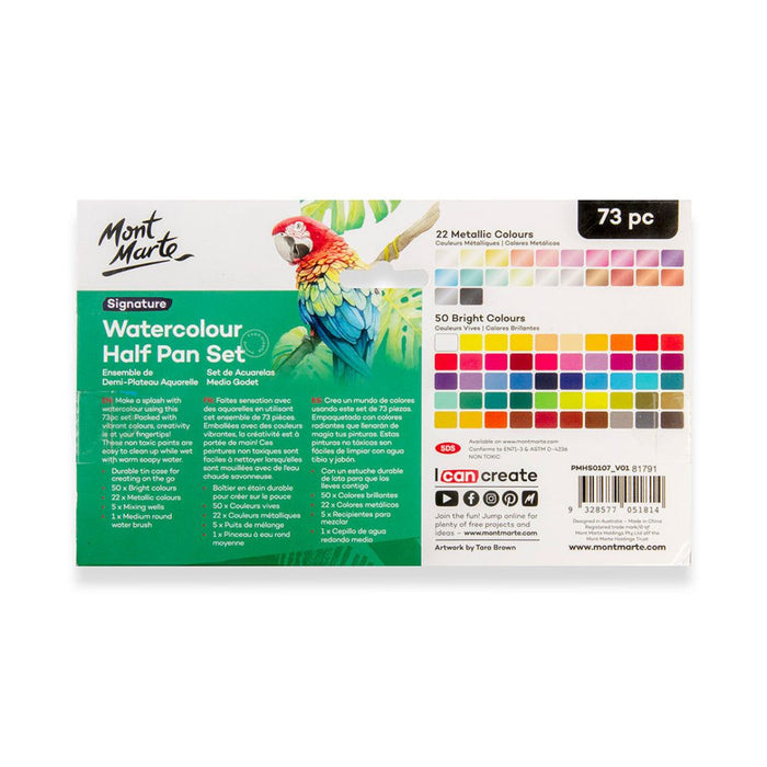 Mont Marte Watercolour Half Pan Set Signature – 73 Colours with Brush & Tin Case