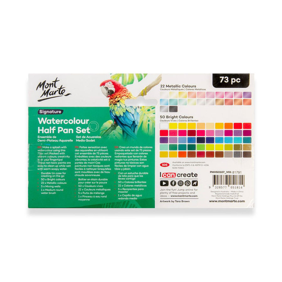 Mont Marte Watercolour Half Pan Set Signature – 73 Colours with Brush & Tin Case