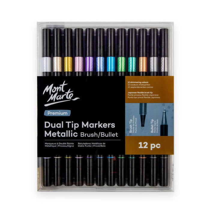 Mont Marte Dual Tip Metallic Markers Brush & Bullet – Premium 12 Colour Set