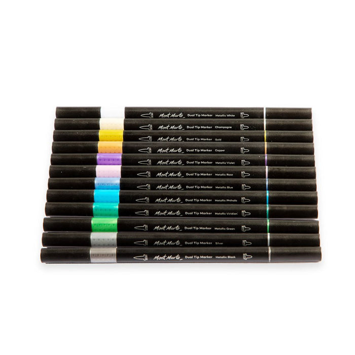 Mont Marte Dual Tip Metallic Markers Brush & Bullet – Premium 12 Colour Set