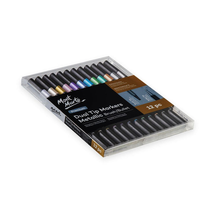 Mont Marte Dual Tip Metallic Markers Brush & Bullet – Premium 12 Colour Set