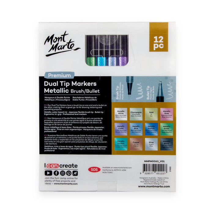 Mont Marte Dual Tip Metallic Markers Brush & Bullet – Premium 12 Colour Set