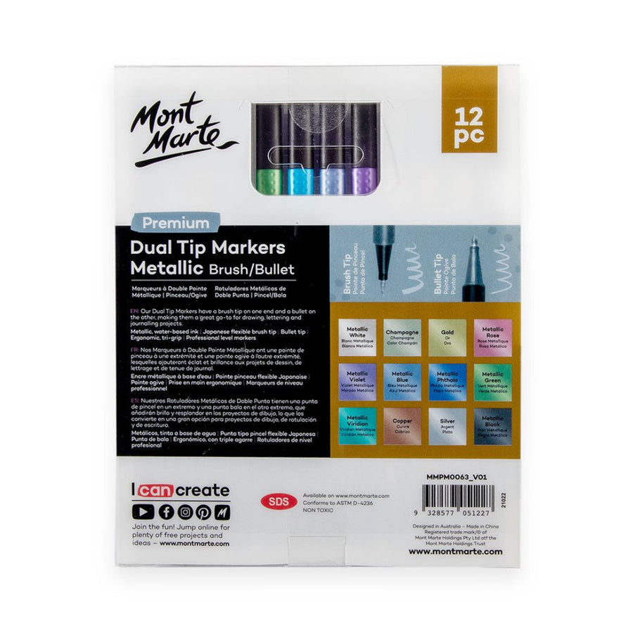 Mont Marte Dual Tip Metallic Markers Brush & Bullet – Premium 12 Colour Set