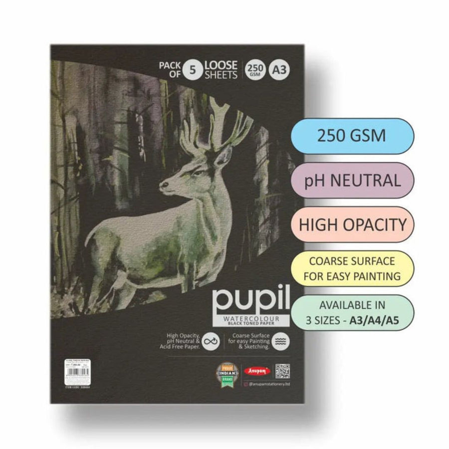 Anupam Pupil Watercolour Black Toned Paper – 250 GSM | A3