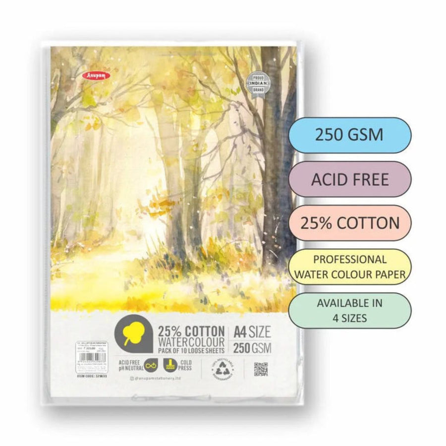 Anupam 25% Cotton Watercolour Paper – 250 GSM (Loose Sheets)