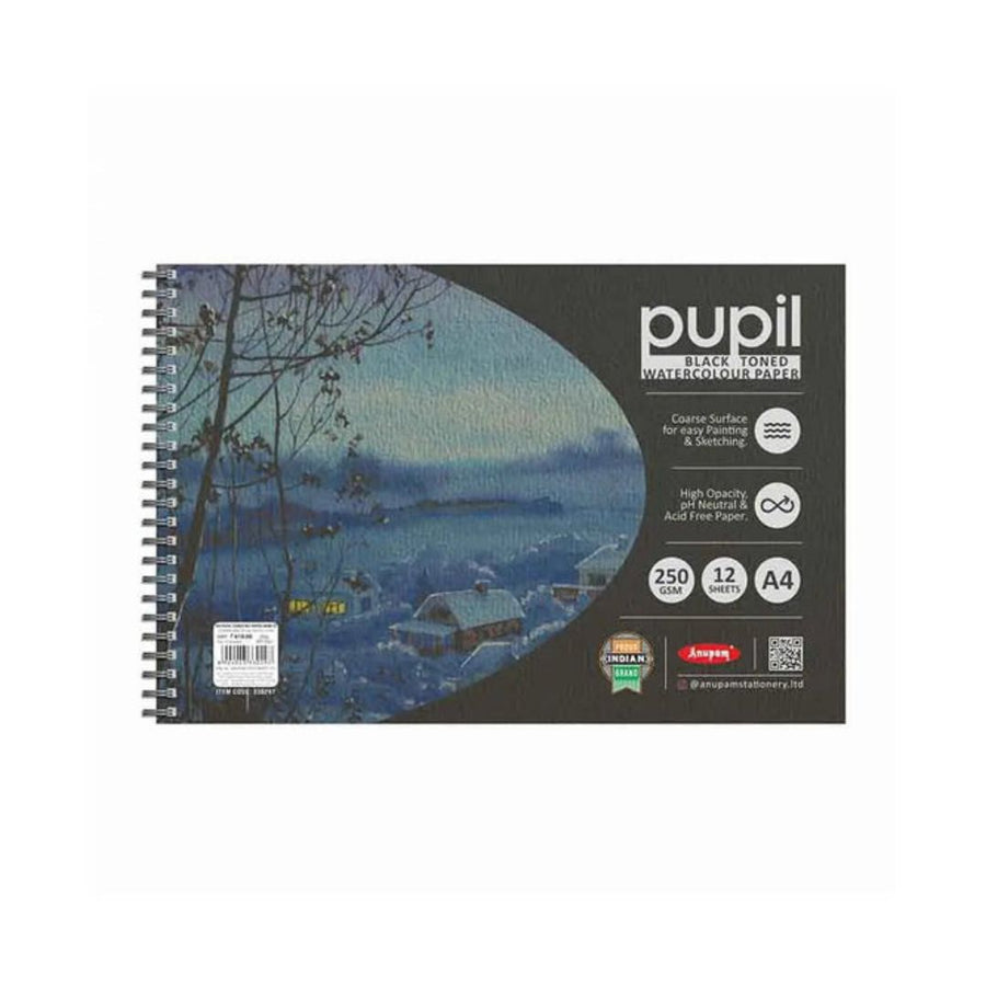 Anupam Pupil Black Toned Watercolour Paper – Wire-O Book (250 GSM, A4, 12 Sheets)