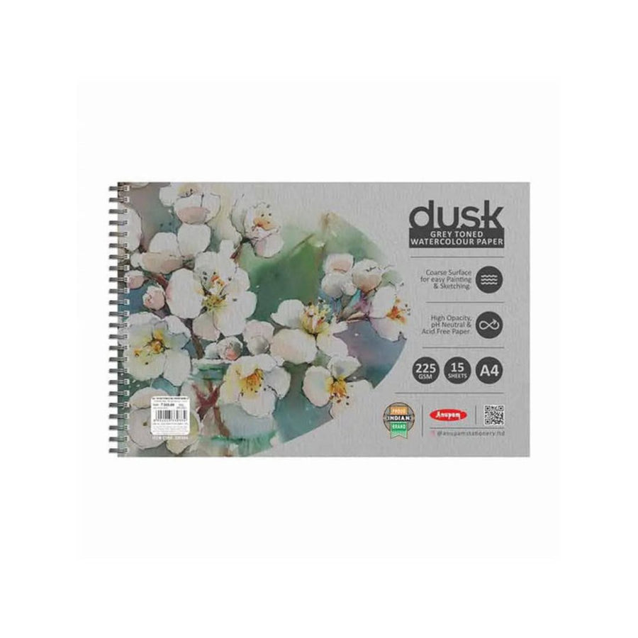 Anupam Dusk Grey Toned Watercolour Paper – Cold Pressed Wire-O Book (225 GSM, A4, 15 Sheets)