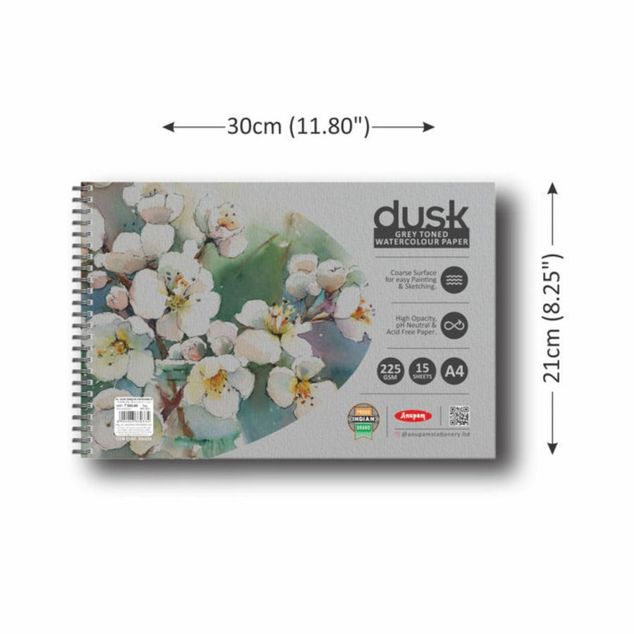 Anupam Dusk Grey Toned Watercolour Paper – Cold Pressed Wire-O Book (225 GSM, A4, 15 Sheets)