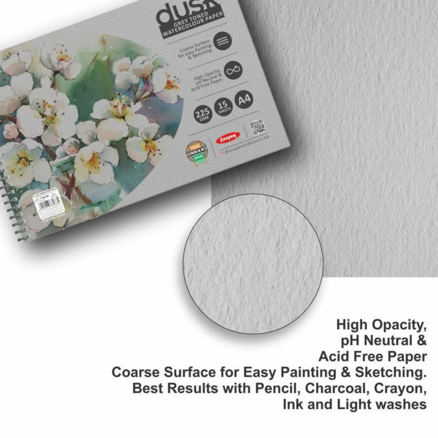 Anupam Dusk Grey Toned Watercolour Paper – Cold Pressed Wire-O Book (225 GSM, A4, 15 Sheets)