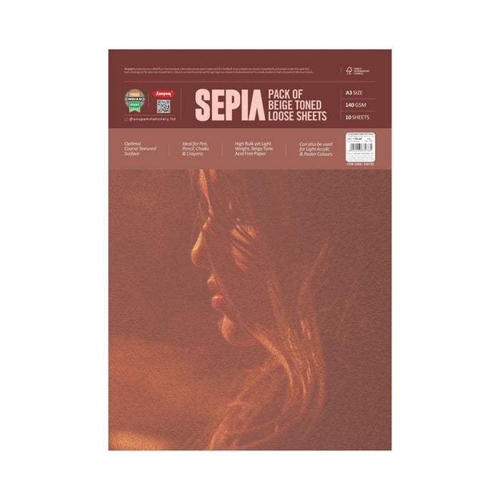 Anupam Sepia Beige Toned Paper Pack – 140 GSM (A3, Pack of 10 Sheets)
