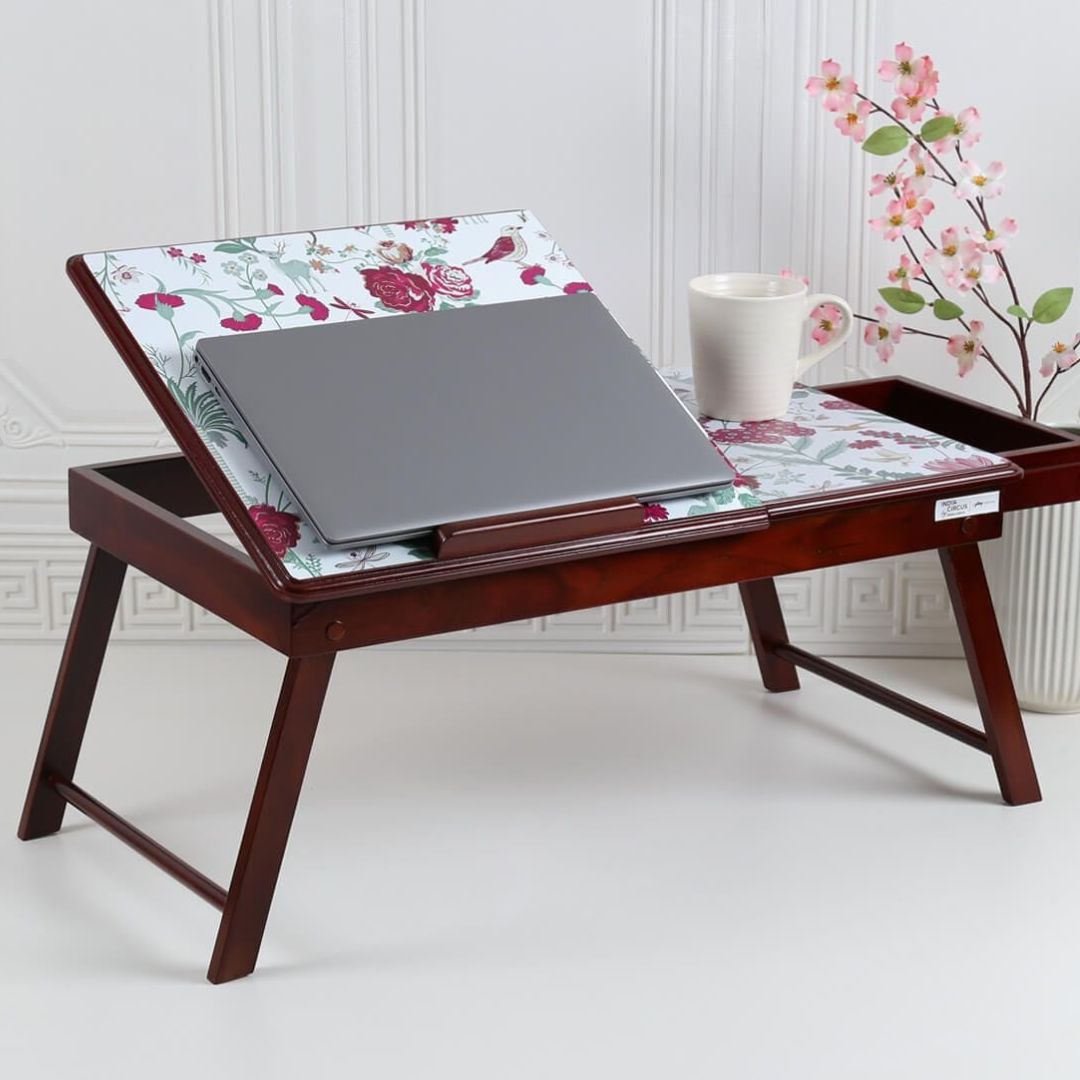 India Circus Grey Floral Galore Wooden Laptop Table with Drawer — Mango