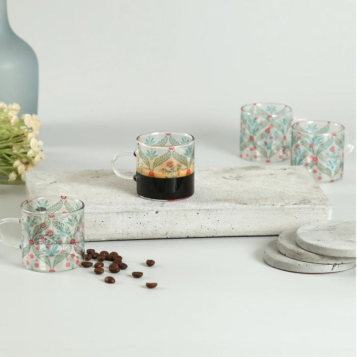 India Circus Blooming Dahlia Borosilicate Glass Espresso Mug Set of 4 (130 ml)